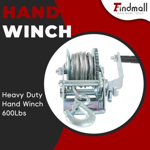 findmall Heavy Duty Hand Winch 600Lbs Hand Crank Strap Gear with 8m Steel Wire Manual Operated Two-Way Ratchet Boat Trailer Marine for Loading Boats Personal Watercraft and Lawn Equipment