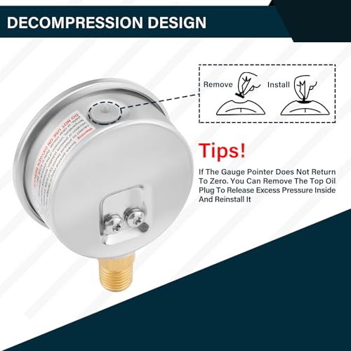 MEASUREMAN 2-1/2inch Dial Size, Liquid Filled Pressure Gauge, 0-60psi/kpa, 304 Stainless Steel Case, 1/4inNPT Lower Mount - size: 0-60 psi, style: Lower Mount