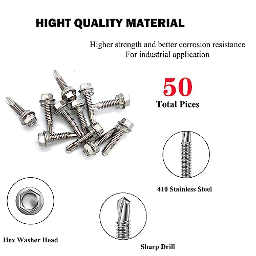 #12x1 Hex Washer Head Self Drilling Screws, 410 Stainless Steel, Self Tapping Sheet Metal Tek Screws, 50 PCS - size: 50 Pcs #12x1