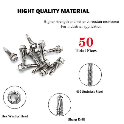 #12x1 Hex Washer Head Self Drilling Screws, 410 Stainless Steel, Self Tapping Sheet Metal Tek Screws, 50 PCS - size: 50 Pcs #12x1