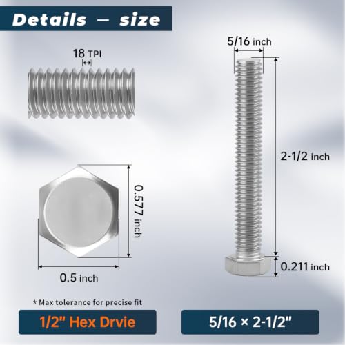 8 Sets Glvaner 5/16-18 x 2-1/2" Stainless Steel Hex Head Screws Bolts, Nuts, Flat & Lock Washers, 18-8 (304) Stainless Steel, Full Thread, Coarse Thread - size: 5/16-18 x 2-1/2"