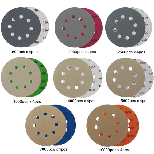32pcs Sandpaper 8 Hole 5 inch Sanding Discs Hook and Loop 1500-10000 Grits Wet Dry Sandpaper with 2pcs Interface Pads for Random Orbital Sander Automotive Metal Polishing