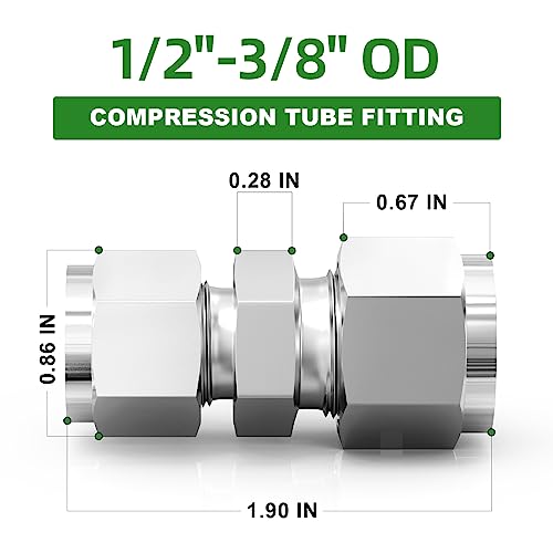 TAISHER 2PCS 304 Stainless Steel Compression Tube Pipe Fitting Connector, 1/2" Tube OD x 3/8" Tube OD Straight Adapter - size: 1/2" OD x 3/8" OD