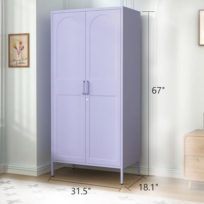 Purple Lockable Armoire Wardrobe Closet Storage Cabinet with Hanging Rod, 67" Metal Wardrobe Cabinet with 2 Doors and 3 Adjustable Shelves for Bedroom, Laundry Room, Cloak Room, Gym, Office - color: Lilac, style: Wardrobe-67"H-YX