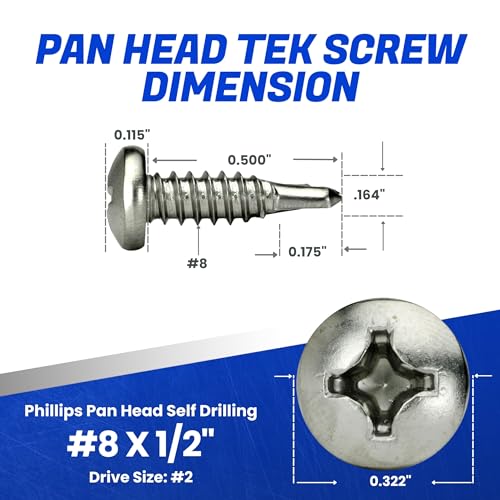 Fastenere Pan Head Self Drilling Tek Screws - #8 x 1/2" (100 Pack) Stainless Steel 410, Full Thread, Bright Plain Finish, Corrosion-Resistant, Self-Drilling, Easy to Install w/Phillips Drive Size #2 - size: #8 x 1/2" (100 Pack)
