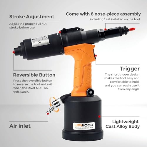 Heavy Duty Air Hydraulic Rivet Nut Tool with reversible button, HPS6312F Pneumatic Riveter Automatic Rivet Nut Gun Tool Setting Kit Come with 8 Size Metric and SAE Nose-Piece Assembly - style: Air Hydraulic Rivet Nut Tool with reversible button HPS6312