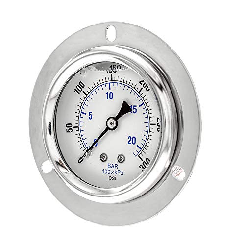 PIC Gauge PRO-204L-254H Glycerin Filled Industrial Front Flanged Panel Mount Pressure Gauge with Stainless Steel Case, Brass Internals, Plastic Lens, 2-1/2" Dial Size, 1/4" Male NPT, 0/300 psi - style: 0 - 300 PSI
