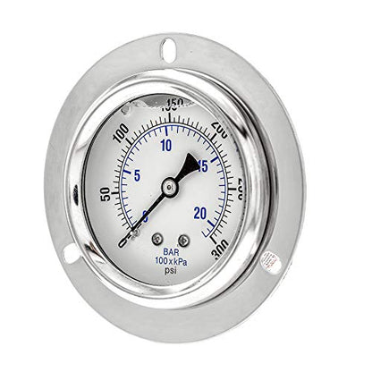 PIC Gauge PRO-204L-254H Glycerin Filled Industrial Front Flanged Panel Mount Pressure Gauge with Stainless Steel Case, Brass Internals, Plastic Lens, 2-1/2" Dial Size, 1/4" Male NPT, 0/300 psi - style: 0 - 300 PSI