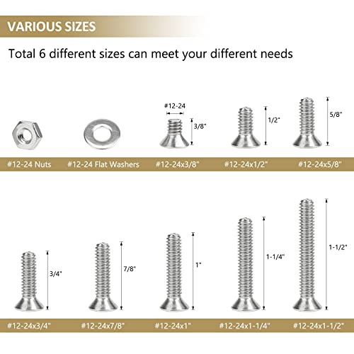 104 Pieces #12-24x 3/8", 1/2", 5/8", 3/4", 7/8", 1", 1-1/4", 1-1/2",Phillips Countersunk Head Machine Screws Nuts Washers Assortment Kit, 304 Stainless Steel, Fully Machine Thread - size: #12-24