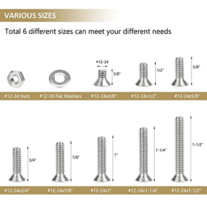 104 Pieces #12-24x 3/8", 1/2", 5/8", 3/4", 7/8", 1", 1-1/4", 1-1/2",Phillips Countersunk Head Machine Screws Nuts Washers Assortment Kit, 304 Stainless Steel, Fully Machine Thread - size: #12-24