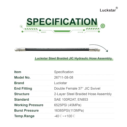 Luckstar 26711-08-08 84" Long 1/2" Hydraulic Hose Swivel Assembly, 2-Layer Steel Braided, EN853 SAE 100R2AT, Female JIC 37° x Female JIC 37°, 6525 PSI Working Pressure - size: 84" JIC Hose Assembly