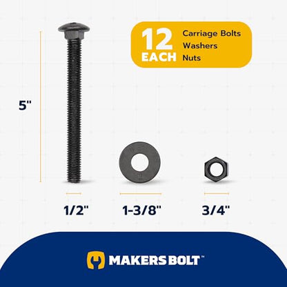 1/2 in. x 5 in. Black Carriage Bolt Kit Includes 12 Bolts, 12 Washers, and 12 Nuts, Ceramic Black Ruspert Coated for Exterior Use - 2X Rust Resistance of Galvanized by Makers Bolt - size: 1/2 x 5