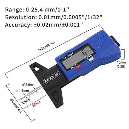 SAFELIFE Digital Tire Tread Depth Gauge, 3 Modes-Fractional Inch, Decimal Inch and Millimeter, Zeroable Tire Tread Depth Gauge for Motorcycles,Cars,Trucks,Vans,SUV Accurate Tyre Tread Depth Gauge - color: blue