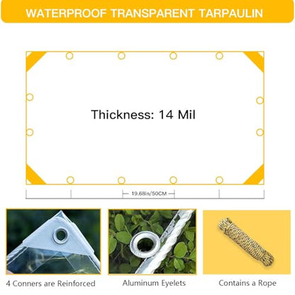 LC&QS Clear Tarps Heavy Duty PVC, Transparent Tarp Durable Waterproof Dustproof Windproof, Tarpaulin with Grommets & Ropes for Greenhouse, Patio, Garden, Pavilion, Chicken, Porch, Outdoor（8' x 20'） - size: 8' x 20'（2.4x6m）