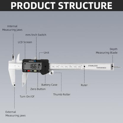 Digital Caliper Measuring Tool, Stainless Steel Vernier Caliper Digital, Micrometer Calipers with Large LCD Screen, Auto-Off Feature, Inch Millimeter Conversion, 6 Inch Caliper Tools for DIY/Household
