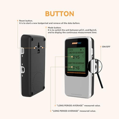 Digital Radon Detector III, White, Radon Monitor, Radon Meter, Tempered Glass, Short Term and Long Term Result, Portable, Easy to Use, 3 AAA Batteries, Switchable Between Bq/M3 and pCi/L