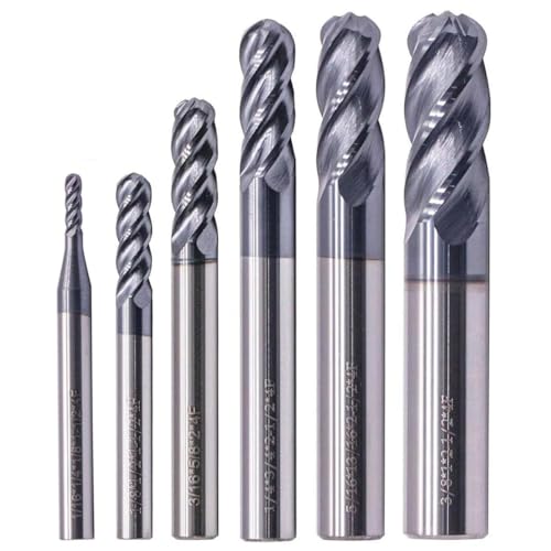 6Pcs 1/16"-3/8" 4 Flute Solid Carbide Ball Nose End Mills Set, AlTiN Coated