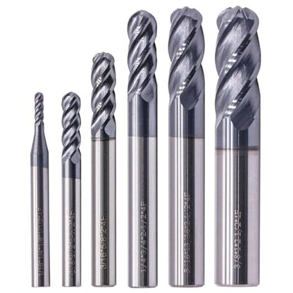 6Pcs 1/16"-3/8" 4 Flute Solid Carbide Ball Nose End Mills Set, AlTiN Coated