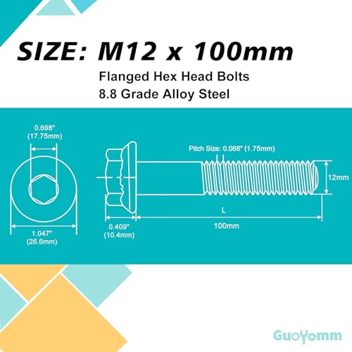 M12 x 100mm 4pcs Flanged Hex Head Bolts, M12 x 1.75 Bolts, Flange Hexagon Head Screws, 8.8 Grade Alloy Steel, Yellow Zinc Plated, Metric Half Thread - size: M12 x 100mm(4PCS)