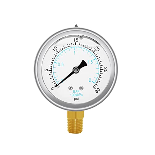 Joywayus Pressure Gauge 0-30 PSI Brass 1/4" NPT Male Thread Lower Mount, Glycerin Filled, Stainless Steel Case, Multiple Function - size: 0-30PSI--1/4", style: Glycerin Filled