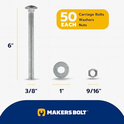 3/8" x 6" (50 Pack) Galvanized Carriage Bolt Kit, Grade 307A, Hot Dip Galvanized for Exterior Use by Makers Bolt - size: 3/8 x 6