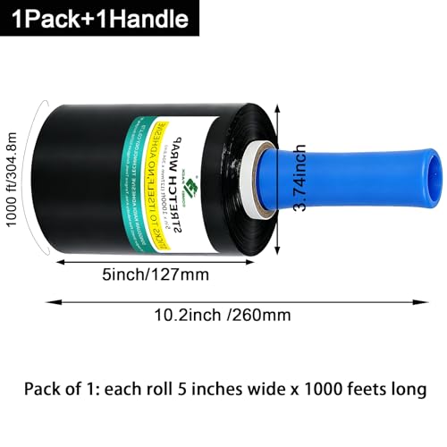BOMEI PACK Stretch Film Shrink Wrap Roll - 80 Gauge 5" x 1000Ft - Industrial Strength Plastic Wrap with Handle Durable Self-Adhering Mini Black Wrap for Moving, Packing, Furniture & Pallet, 1-Pack