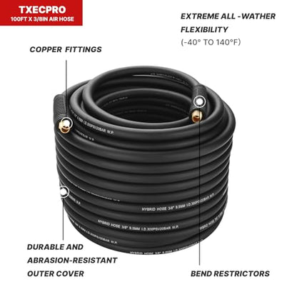 Hybrid Air Hose 3/8-Inch by 100-Feet, Heavy Duty Air Compressor Hose, Lightweight, Kink Resistant, Flexible In Extreme Cold Weather, Excellent UV, Oil and Abrasion Resistant,300 PSI - size: 100FT