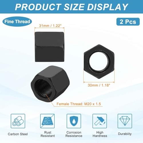 MECCANIXITY M20x1.5mm Hex Coupling Nuts 31mm/1.2" Fine Thread Black 2Pcs - size: M20 x 1.5 x 31mm