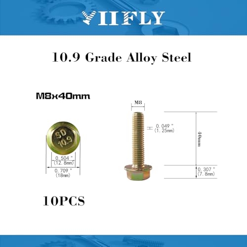 M8 x 40mm Flanged Hex Head Bolts, M8x1.25 Pitch, Grade 10.9 Alloy Steel, Color Zinc Plated, Full Thread, 10 Pack - size: M8 x 40mm(10PCS)