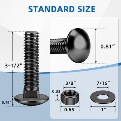 Mellewell 3/8-16 x 3-1/2" Carriage Bolt Kit, Carriage Bolts with Nuts and Washers, Round Head Square Neck, 304 Stainless Steel, Full Thread, Black Finish, 4 Sets - color: Black, size: 3/8-16 x 3-1/2"