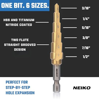 NEIKO 10604A Step Drill Bit, 6 Steps 3/16" to 1/2" Straight High Speed Steel, Titanium Nitride Coated, 1/4" Quick Change Step Bits for Steel, Metal, Wood, Plastic, Unibit Cone Drill Bits, Two Flute - size: #2 (3/16 - 1/2", 6S), style: Straight