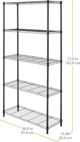 Storage Shelves - 5 Tier Metal Shelving Unit, 14" D × 36" W × 72" H - color: Black, size: 14"D X 36"W x 72"H, 5 Tier