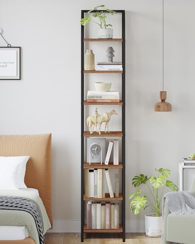 Hzuaneri Bookshelf Narrow Bookcase, Tall Storage Rack with Steel Frame - color: Rustic Brown, size: 11.8 × 11.8 × 82 inch