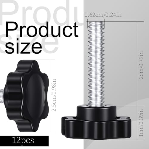 12 Pack 1/4-20 Black Star Knobs Star Hand Knob Threaded Knurled Thumb Nuts Thumb Screw Knobs with Bolts for Umbrella Base Replacement Female Threaded Hexagon Head Thru Knob