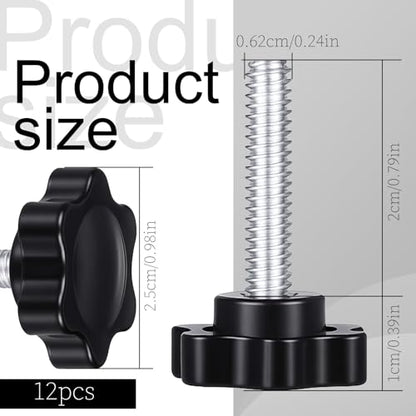 12 Pack 1/4-20 Black Star Knobs Star Hand Knob Threaded Knurled Thumb Nuts Thumb Screw Knobs with Bolts for Umbrella Base Replacement Female Threaded Hexagon Head Thru Knob