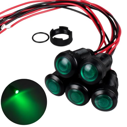 5pcs 12mm 12V-24V LED Indicator Light Plastic Black Signal Dot Lamp 12V-24V 1/2 inches Mounting Hole Size with 15cm/5.9in. Wire (Green LED) - color: Green, size: 12mm 12-24V