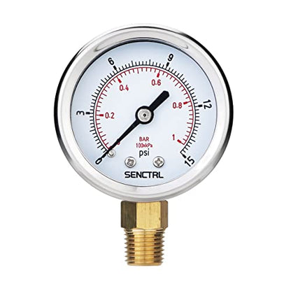 SENCTRL 0-15 Psi Low Pressure Gauge, 1/4 NPT Lower Mount - size: 0-15Psi, style: Lower Mount