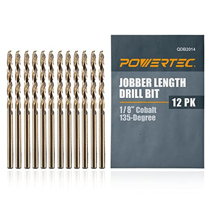 POWERTEC 1/8" Cobalt Drill Bits - 12 Pack - 2-3/4" Length - M35 HSS Jobber Length Twist Bits with 135° Tip for Drilling Wood, Metal, Stainless Steel, Nickel Alloy, Cast Iron & Plastic (QDB2014) - style: 12PK 1/8" Cobalt Drill Bit (2-3/4" L)