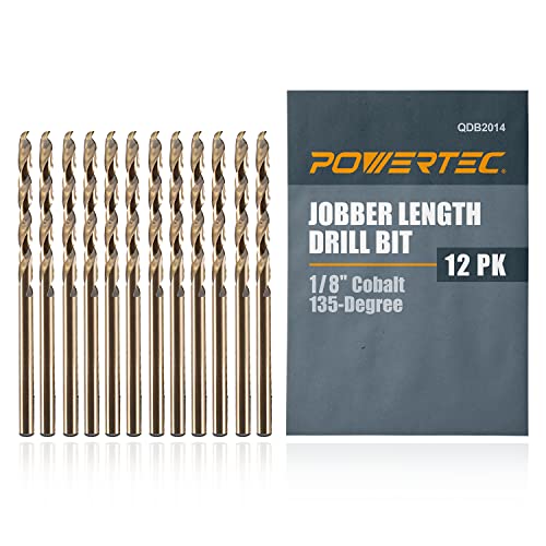 POWERTEC 1/8" Cobalt Drill Bits - 12 Pack - 2-3/4" Length - M35 HSS Jobber Length Twist Bits with 135° Tip for Drilling Wood, Metal, Stainless Steel, Nickel Alloy, Cast Iron & Plastic (QDB2014) - style: 12PK 1/8" Cobalt Drill Bit (2-3/4" L)