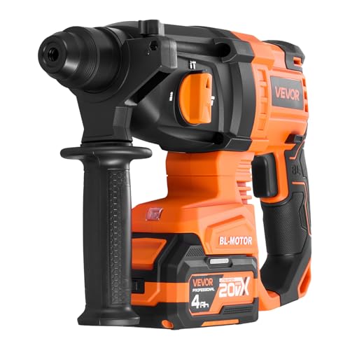 VEVOR Rotary Hammer Drill, 7/8 in SDS-Plus Cordless, 20V Battery Powered Rotary Hammer, Brushless, Including Battery, Charger, 3 Drill Bits, Flat Chisel, Pointed Chisel, Carrying Case, for Concrete - size: 7/8 in