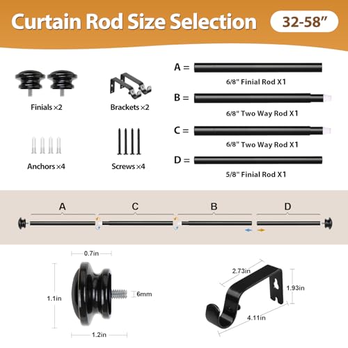 TONIAL Black Curtain Rods for Windows 2 Pack, 32 to 58 Inch, Drapery Rod - color: Black, size: 32-58"(2 Pack)