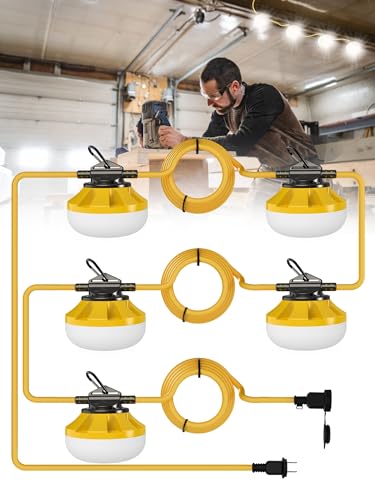 HYPERLITE Construction String Lights: 50FT 5 Bulbs Work Lights with Climbing Hooks - IP65 Waterproof Linkable LED Industrial Temporary Lighting for Construction Sites Attic Crawlspace Renovation - size: 50FT-2Prong