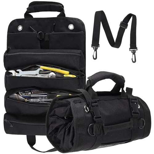 Tool Roll Bag, Tool Bag Organizer, Tool Carrier Roll UP Storage Pouches with 6 Zipper Pockets & Strap, Gifts for Men Mechanic Electrician Hobbyist (Black) - color: Black