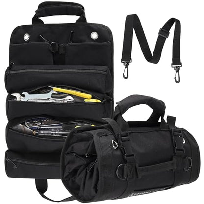 Tool Roll Bag, Tool Bag Organizer, Tool Carrier Roll UP Storage Pouches with 6 Zipper Pockets & Strap, Gifts for Men Mechanic Electrician Hobbyist (Black) - color: Black