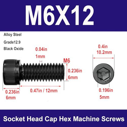 M6-1.0 x12mm Socket Head Cap Screws Bolts, Grade 12.9 Alloy Steel Black Oxide, M6 12mm Allen Socket Drive, Machine Thread with Hex Spanner,20 PCS (M6X12) - size: M6X12mm