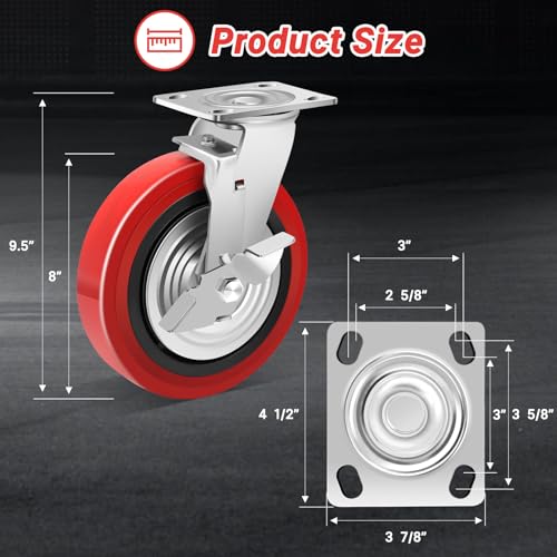 Nefish 8 Inch Heavy Duty Casters Wheels, Industrial Grade Polyurethane Casters Set of 4 with Dual Ball Bearing, Solid Polyurethane Wheel 6000 Lb, Plate Swivel Casters for Cart, Industrial, Machine - style: 8 IN (4 Brakes)