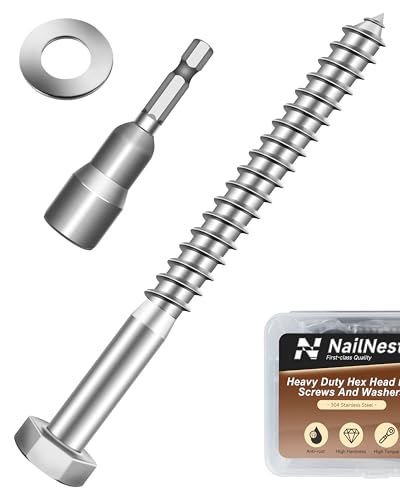 (1Box) 3/8" x 4" Hex Head Lag Screws Bolts with Flat Washers, 8Sets 304 Stainless Steel 18-8 Heavy Duty 3/8 Lag Bolts for Wood with Hex Socket - size: 3/8" x 4", style: 1-Box