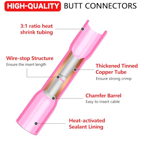 BAALA 20 PCS 8 AWG Heat Shrink Butt Connectors Yellow Heat Shrink Butt Splices-Marine Grade Waterproof Electrical Crimp Wire Connectors, Tinned Copper Butt Splice Terminals for 8 Gauge Wire Connectors