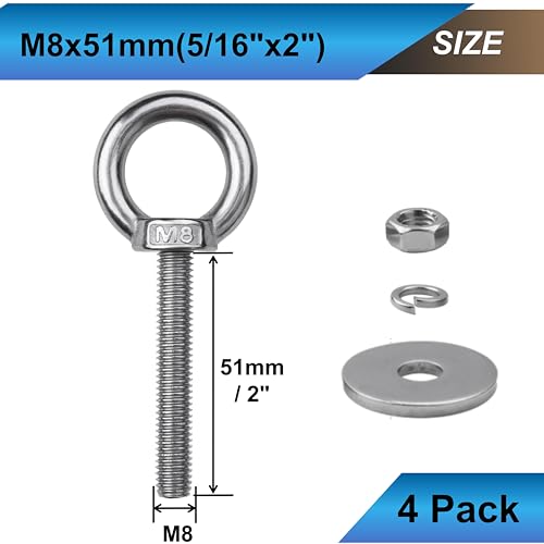 4 Sets M8 Eye Bolts with Nuts, Stainless Steel 5/16" x 2" EyeBolts - size: 5/16"x2"