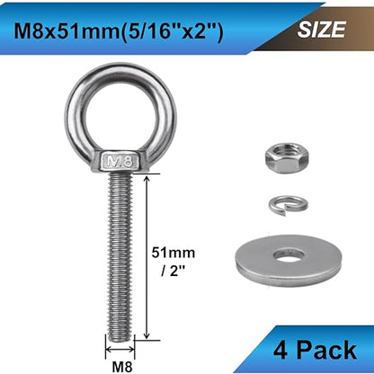 4 Sets M8 Eye Bolts with Nuts, Stainless Steel 5/16" x 2" EyeBolts - size: 5/16"x2"
